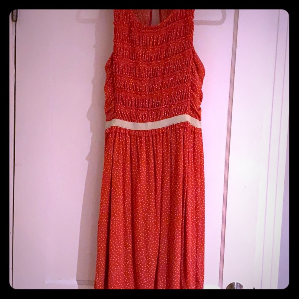 Coral Ruched Top Dress with Tiny Polka Dots